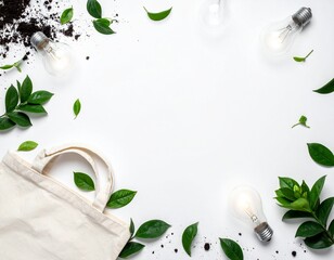 Ecological white background, around the light bulbs, lots of green leaves, canvas bag, sprouts from the ground, scattered earth, all the elements scattered around, empty space in the middle, top view.