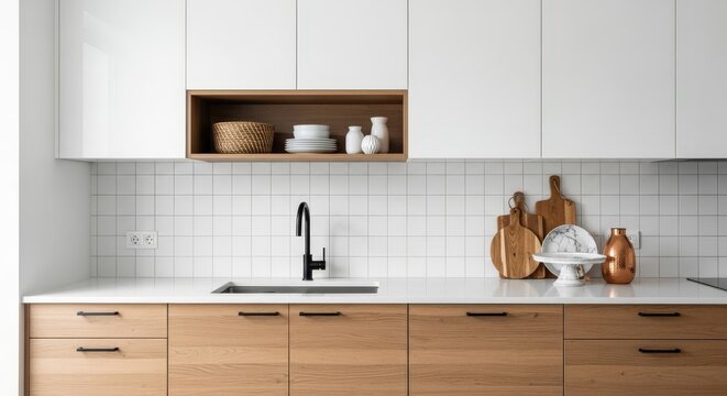 Modern kitchen interior with white subway tile backsplash, wooden cabinets, and a black faucet over a white sink