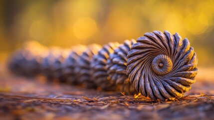 Row of small pinecones arranged in a spiral pattern with golden bokeh background