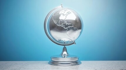 Shiny metallic globe displayed on rotating base in front of blue backdrop