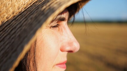 Female farmer in straw hat looking into wheat field and examining plantation at sunset. Close up...