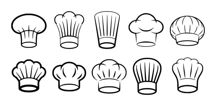Collection of black and white chef hats in various styles toque cooking