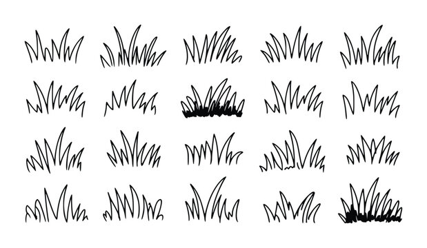 Collection of hand drawn black grass tufts white clump nature