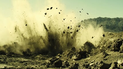 Violent earth explosion creating dust clouds and airborne debris