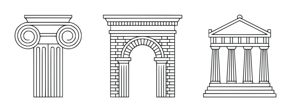 Ionic column brick archway and classical temple facade line architecture capital