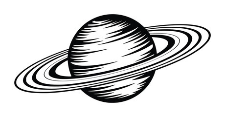 Stylized black and white of a planet with rings space cosmos