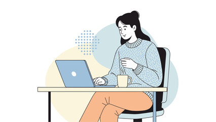 Woman Working on Laptop at Desk with Coffee and Abstract Shapes