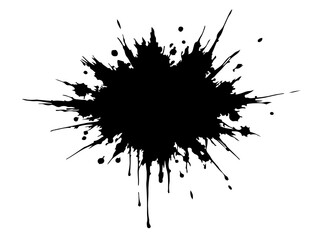 Abstract black ink splatter on a pure white background, irregular organic shape with rough jagged edges, paint drips and splashes radiating outward, high contrast, grunge texture, minimalist.
