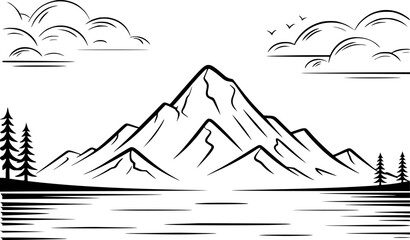 Stylized black and white mountain landscape with water and clouds lake river