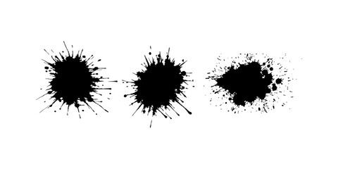 Abstract black ink splatter on a pure white background, irregular organic shape with rough jagged edges, paint drips and splashes radiating outward, high contrast, grunge texture, minimalist.