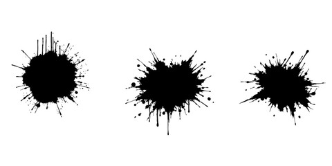 Abstract black ink splatter on a pure white background, irregular organic shape with rough jagged edges, paint drips and splashes radiating outward, high contrast, grunge texture, minimalist.