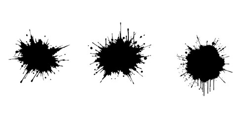 Abstract black ink splatter on a pure white background, irregular organic shape with rough jagged edges, paint drips and splashes radiating outward, high contrast, grunge texture, minimalist.