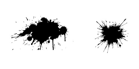 Abstract black ink splatter on a pure white background, irregular organic shape with rough jagged edges, paint drips and splashes radiating outward, high contrast, grunge texture, minimalist.