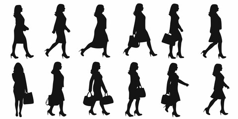 Fototapeta premium Silhouettes of women in various poses displaying modern fashion and style