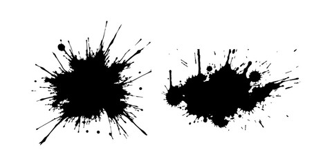 Abstract black ink splatter on a pure white background, irregular organic shape with rough jagged edges, paint drips and splashes radiating outward, high contrast, grunge texture, minimalist.