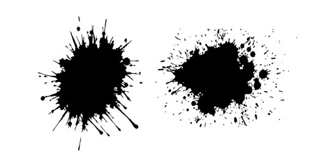 Abstract black ink splatter on a pure white background, irregular organic shape with rough jagged edges, paint drips and splashes radiating outward, high contrast, grunge texture, minimalist.