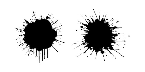 Abstract black ink splatter on a pure white background, irregular organic shape with rough jagged edges, paint drips and splashes radiating outward, high contrast, grunge texture, minimalist.