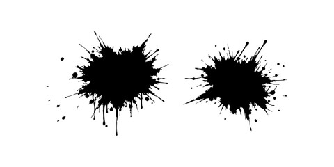 Abstract black ink splatter on a pure white background, irregular organic shape with rough jagged edges, paint drips and splashes radiating outward, high contrast, grunge texture, minimalist.