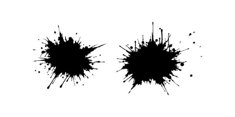 Abstract black ink splatter on a pure white background, irregular organic shape with rough jagged edges, paint drips and splashes radiating outward, high contrast, grunge texture, minimalist.