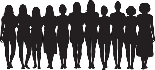 Silhouette of a diverse group of women standing together arm in arm