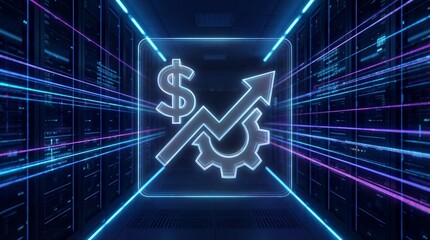 Neon Dollar Sign and Growth Arrow Icon inside Data Center Server Room