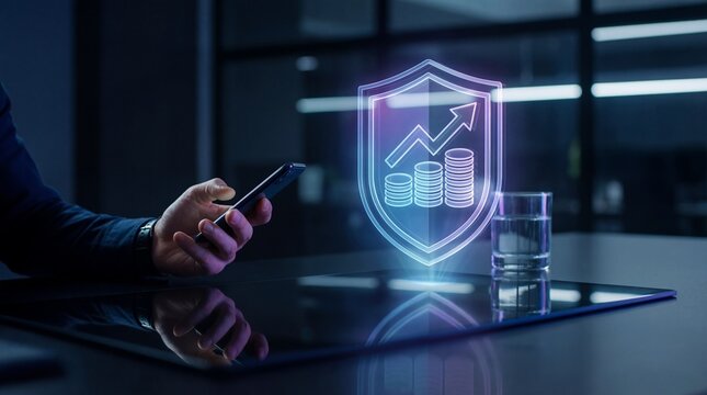 Hand Holding Smartphone with Holographic Shield and Financial Growth Chart - Powered by Adobe