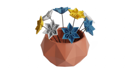 Origami flowers in a geometric pot with colorful blooms isolated on a transparent background
