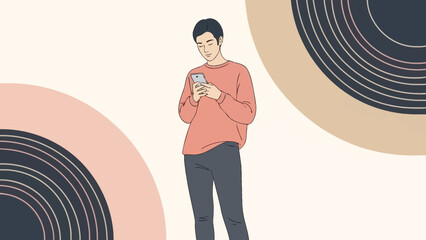 Young man holding smartphone, minimalist illustration, modern lifestyle concept