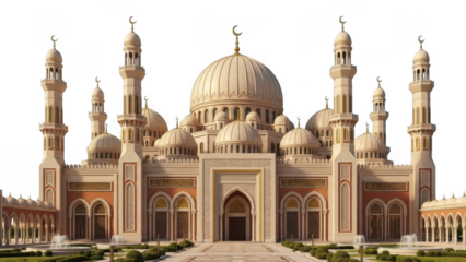 Grand mosque with multiple domes and minarets