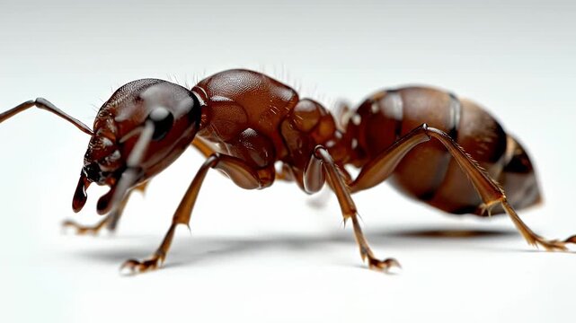 Macro close up detail of ants on a white background crawling in a straight line