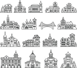 Fototapeta premium Collection of architectural sketches of various buildings and landmarks