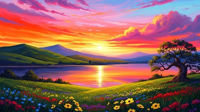 Vibrant sunset over mountain lake with rolling hills and wildflowers - Powered by Adobe