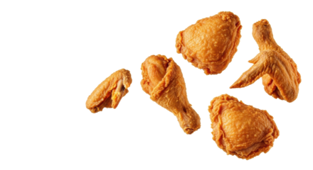 Crispy, golden-brown fried chicken drumsticks, wings, and thighs with crumbs suspended in mid-air, isolated against a transparent studio background, concept for food advertising
