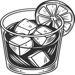 Refreshing cocktail with ice cubes and lemon slice in glass