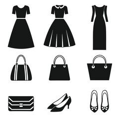 Black silhouette icons of women's dresses, handbags, and shoes