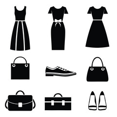 Black silhouette icons of women's dresses, shoes, bags and briefcase