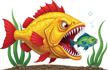 Fototapeta premium Underwater food chain: large aggressive yellow fish devouring smaller green fish. Dynamic cartoon.