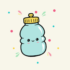 Halftone pop art dot baby bottle character with a happy face and colorful decorative circles vector illustration