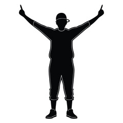 Black silhouette of a man with arms raised and wearing a baseball cap