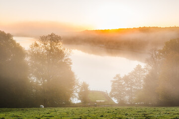 Sunrise over misty lake in aspen grove near gothenburg sweden with fog covering the water and trees