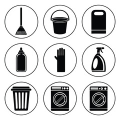 Cleaning Icons In Circles On White Background Keywords broom, bucket, cleaning, cleaning