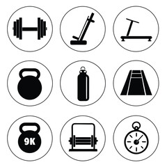 Fitness Equipment Icons in Circles dumbbell barbell