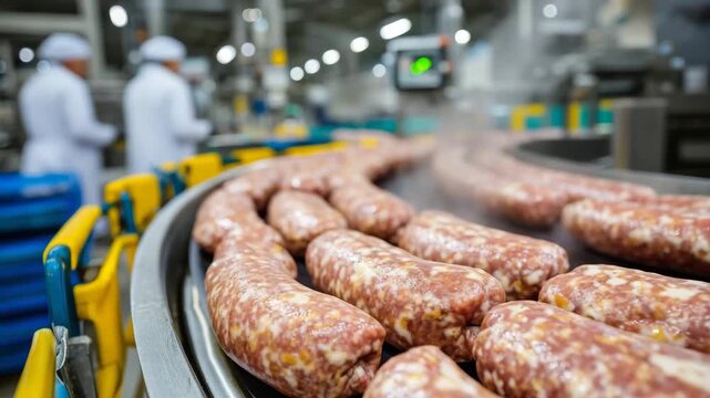 Freshly formed sausages lying in perfect rows on a conveyor belt, steam rising gently as workers in white uniforms inspect the high-quality meat production line