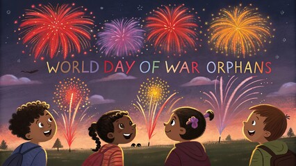 World Day Of War Orphans, Explosive 8K Fireworks Forming Symbolic Orphan Faces Awareness.