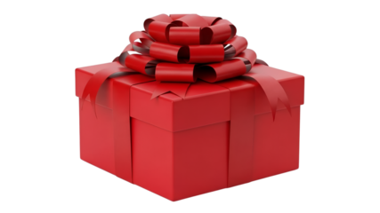 A vibrant red gift box with a large decorative bow isolated on black