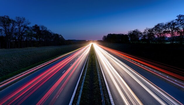 long exposure shot of a highway at night with blurred car light trails leading towards a bright headlight - Powered by Adobe