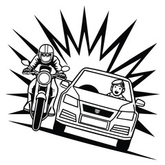 Motorcycle and car with surprised driver in a near collision