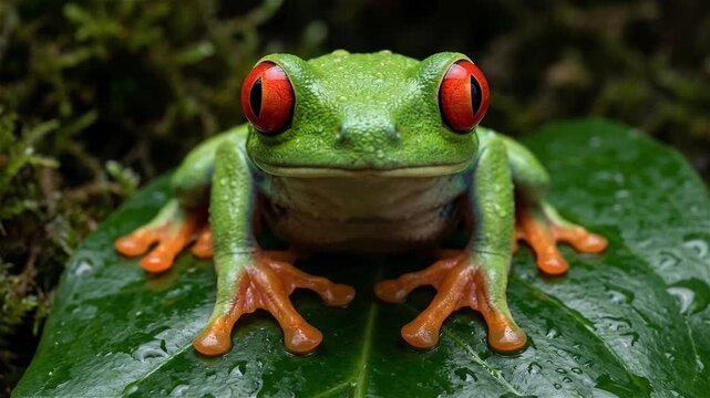 Macro shot of a vibrant Red-eyed Tree Frog (Agalychnis callidryas) with striking red eyes and orange webbed feet resting on a wet green leaf in a tropical rainforest habitat.