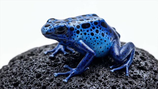 Close-up of a vibrant Blue Poison Dart Frog (Dendrobates tinctorius azureus) perched on a textured black volcanic rock against a clean white background.