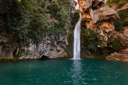 Beautiful scenery of La Calavera waterfall at Rio Borosa in Sierra de Cazorla Segura y Las Villas National Park Andalusia Spain